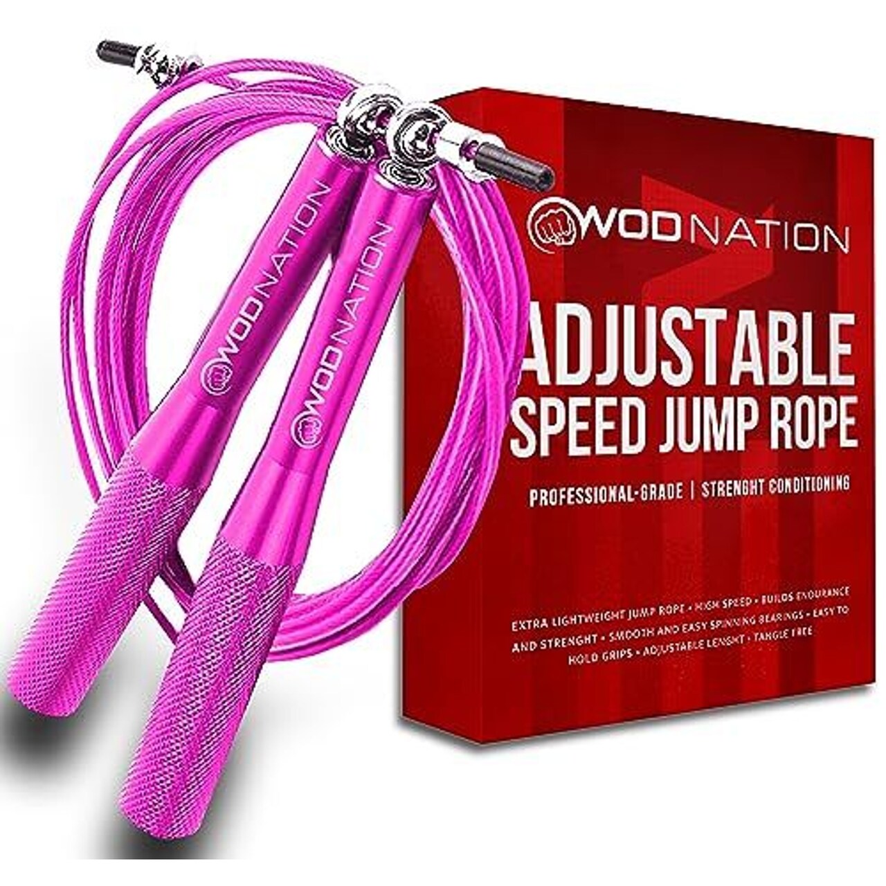 WOD Nation Adjustable Jump Rope - Aluminum Speed Rope & 360° Smooth Rotation - Durable Alloy Steel Handles for Fitness - 10 ft Adjustable Length for Boxing Workouts - Pink, Alloy Steel